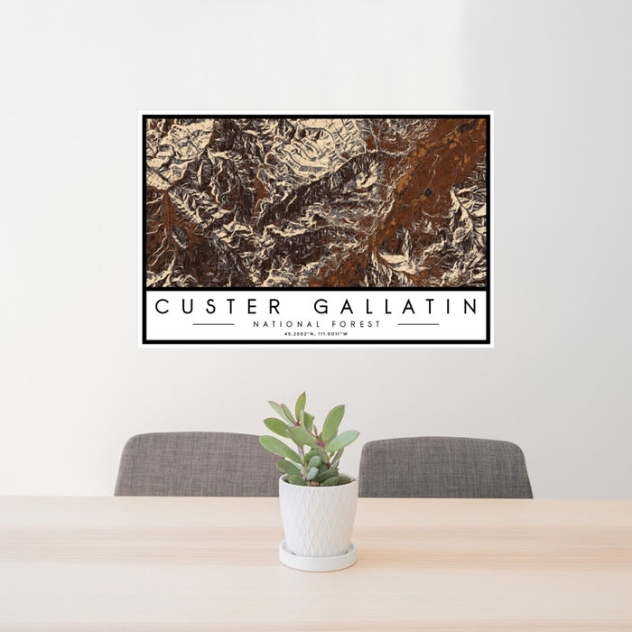 24x36 Custer Gallatin National Forest Map Print Landscape Orientation in Ember Style Behind 2 Chairs Table and Potted Plant
