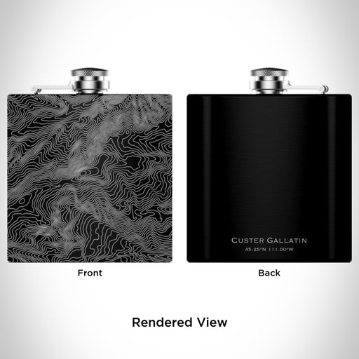 Rendered View of Custer Gallatin National Forest Map Engraving on 6oz Stainless Steel Flask in Black