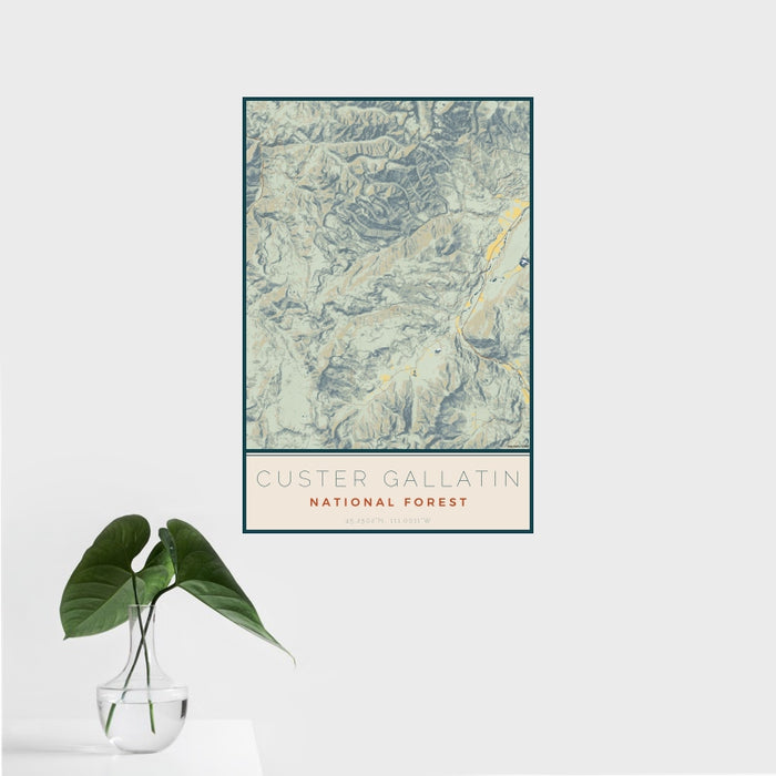 16x24 Custer Gallatin National Forest Map Print Portrait Orientation in Woodblock Style With Tropical Plant Leaves in Water