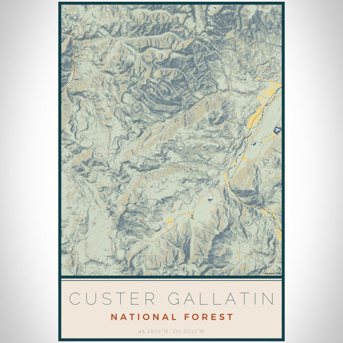 Custer Gallatin National Forest Map Print Portrait Orientation in Woodblock Style With Shaded Background