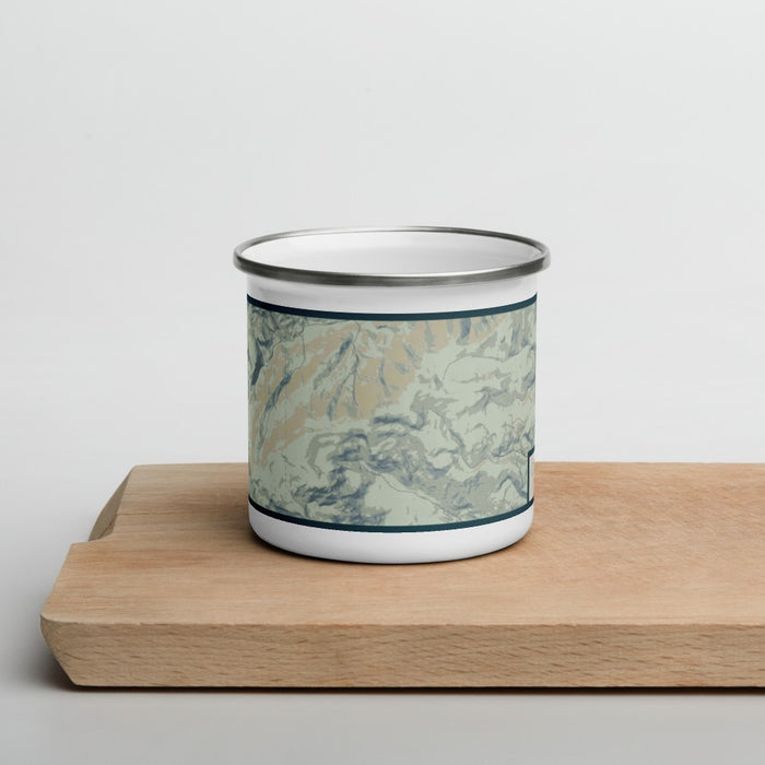 Front View Custom Custer Gallatin National Forest Map Enamel Mug in Woodblock on Cutting Board