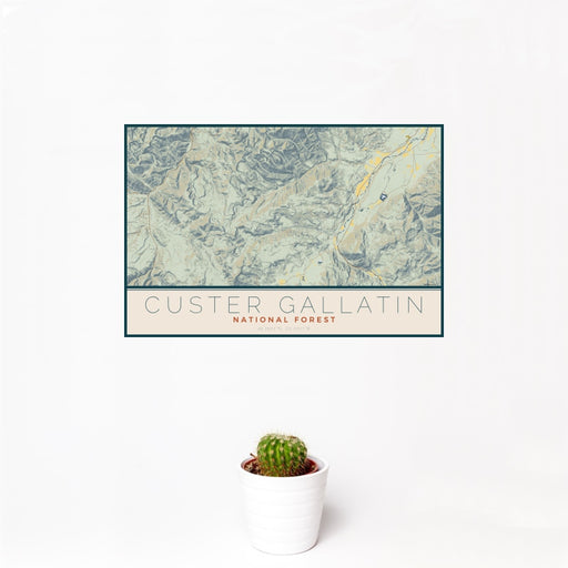 12x18 Custer Gallatin National Forest Map Print Landscape Orientation in Woodblock Style With Small Cactus Plant in White Planter