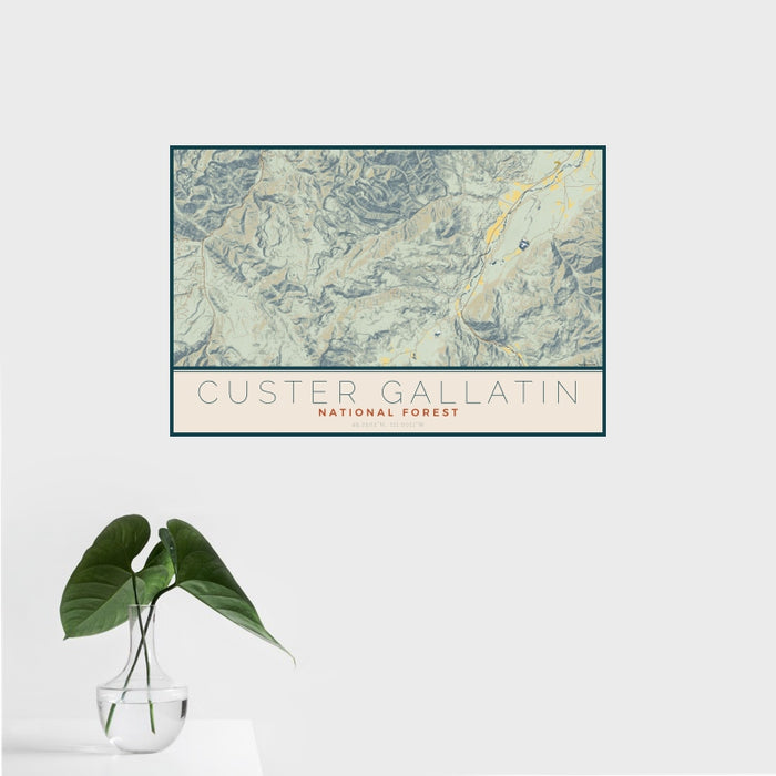 16x24 Custer Gallatin National Forest Map Print Landscape Orientation in Woodblock Style With Tropical Plant Leaves in Water