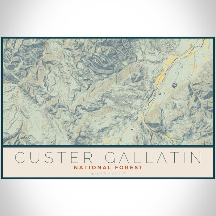 Custer Gallatin National Forest Map Print Landscape Orientation in Woodblock Style With Shaded Background