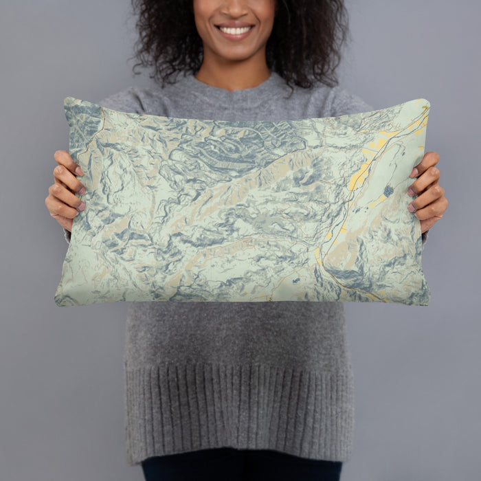 Person holding 20x12 Custom Custer Gallatin National Forest Map Throw Pillow in Woodblock