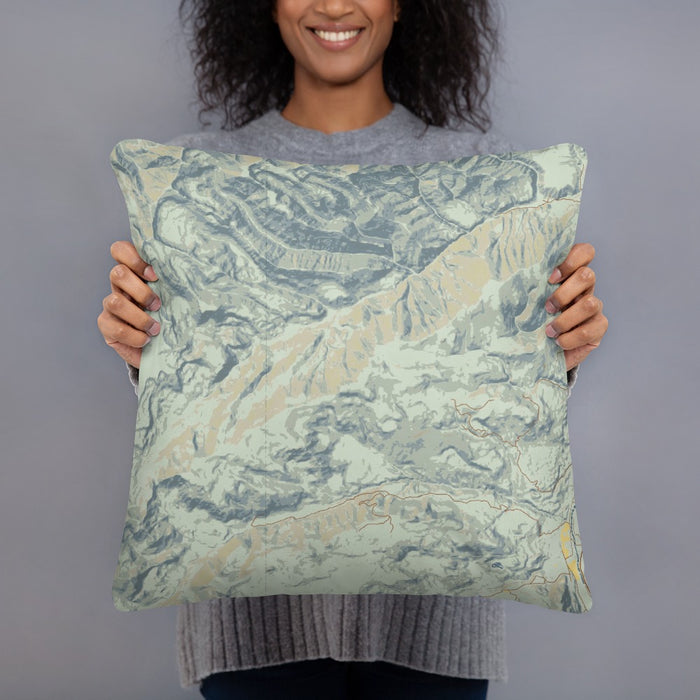 Person holding 18x18 Custom Custer Gallatin National Forest Map Throw Pillow in Woodblock