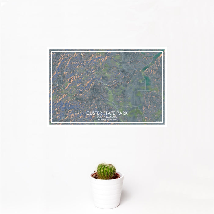 12x18 Custer State Park South Dakota Map Print Landscape Orientation in Afternoon Style With Small Cactus Plant in White Planter