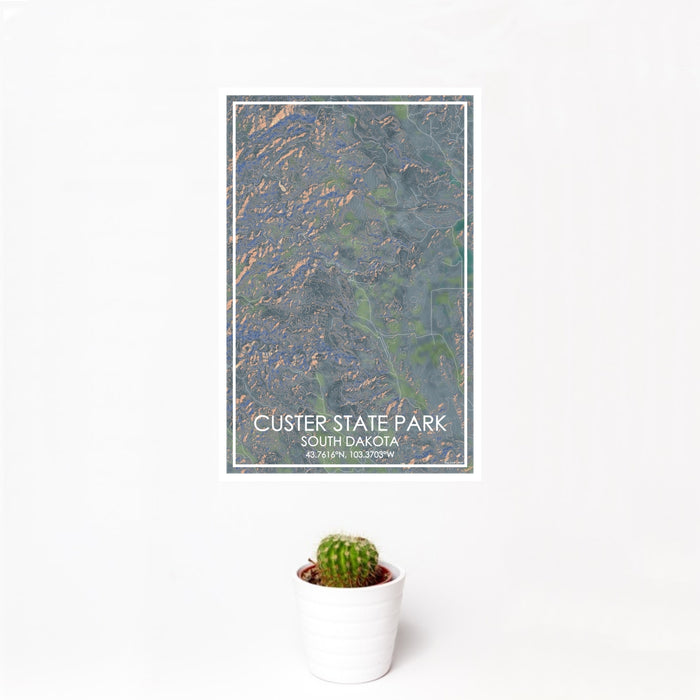 12x18 Custer State Park South Dakota Map Print Portrait Orientation in Afternoon Style With Small Cactus Plant in White Planter