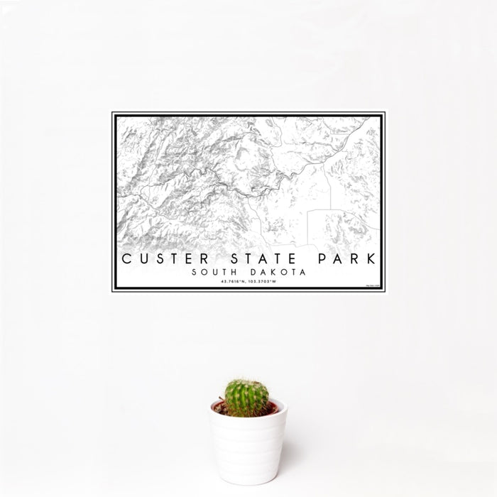 12x18 Custer State Park South Dakota Map Print Landscape Orientation in Classic Style With Small Cactus Plant in White Planter