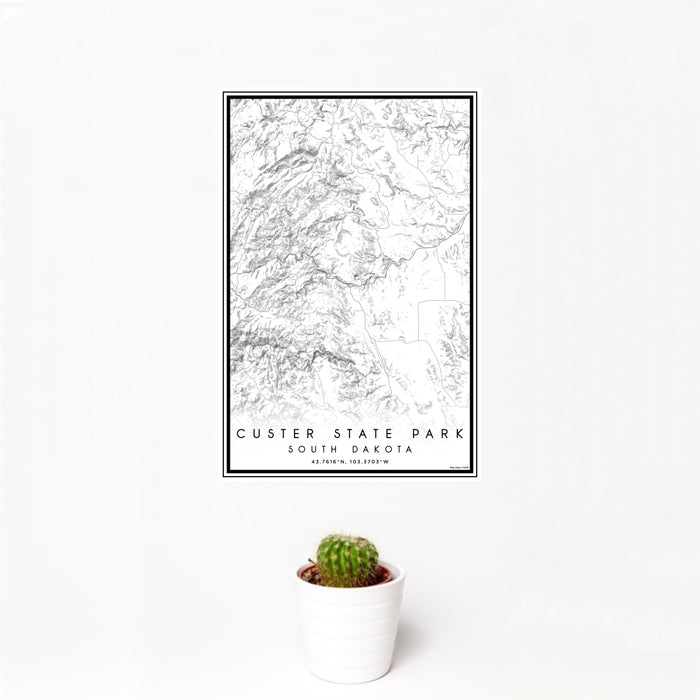 12x18 Custer State Park South Dakota Map Print Portrait Orientation in Classic Style With Small Cactus Plant in White Planter