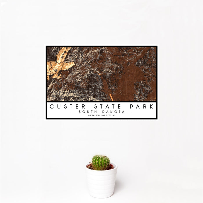 12x18 Custer State Park South Dakota Map Print Landscape Orientation in Ember Style With Small Cactus Plant in White Planter