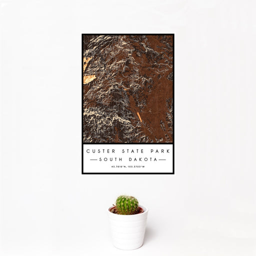 12x18 Custer State Park South Dakota Map Print Portrait Orientation in Ember Style With Small Cactus Plant in White Planter