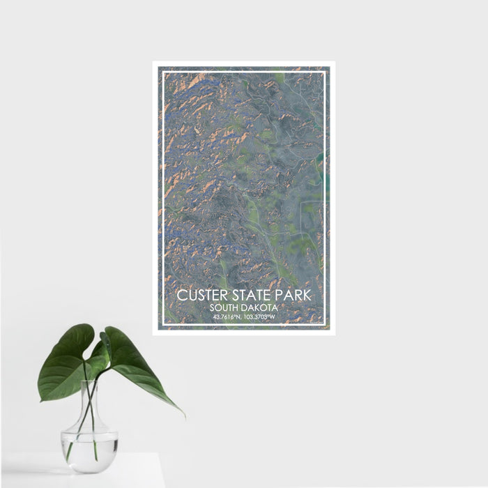 16x24 Custer State Park South Dakota Map Print Portrait Orientation in Afternoon Style With Tropical Plant Leaves in Water