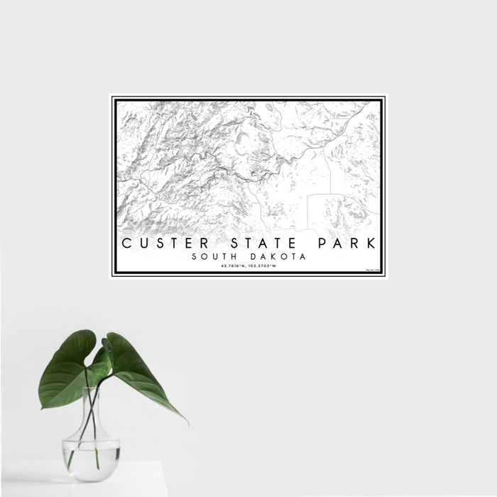 16x24 Custer State Park South Dakota Map Print Landscape Orientation in Classic Style With Tropical Plant Leaves in Water