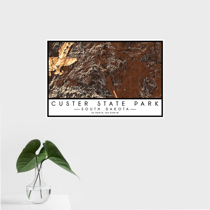 16x24 Custer State Park South Dakota Map Print Landscape Orientation in Ember Style With Tropical Plant Leaves in Water