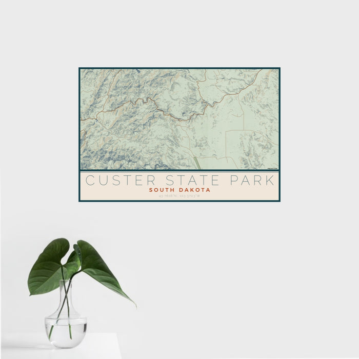 16x24 Custer State Park South Dakota Map Print Landscape Orientation in Woodblock Style With Tropical Plant Leaves in Water