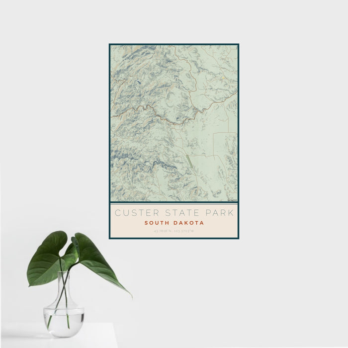 16x24 Custer State Park South Dakota Map Print Portrait Orientation in Woodblock Style With Tropical Plant Leaves in Water