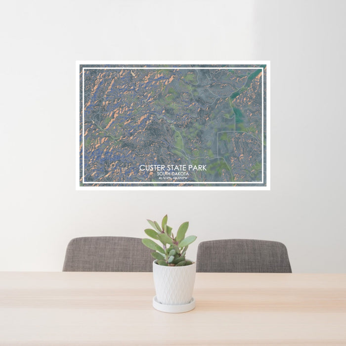 24x36 Custer State Park South Dakota Map Print Lanscape Orientation in Afternoon Style Behind 2 Chairs Table and Potted Plant
