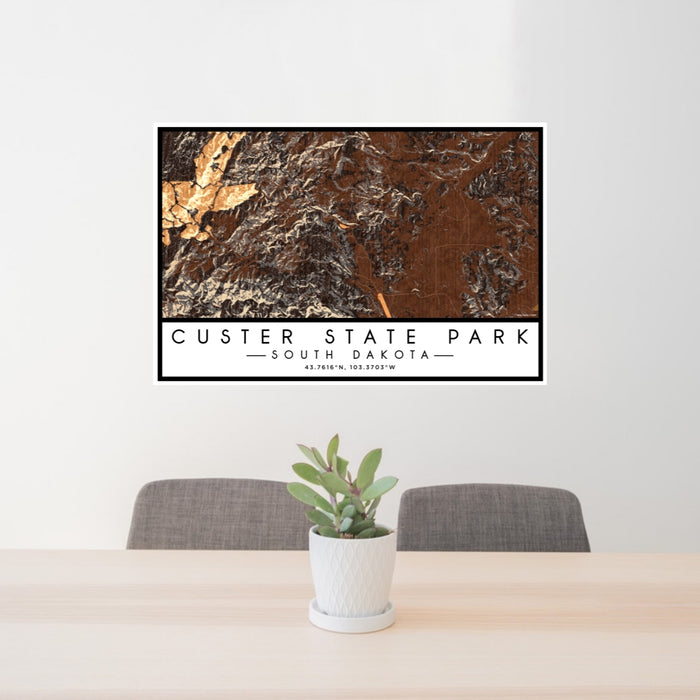 24x36 Custer State Park South Dakota Map Print Lanscape Orientation in Ember Style Behind 2 Chairs Table and Potted Plant