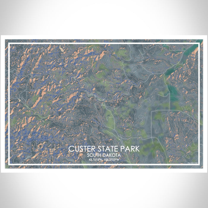 Custer State Park South Dakota Map Print Landscape Orientation in Afternoon Style With Shaded Background