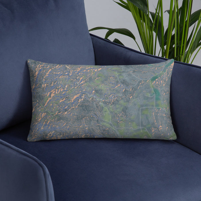 Custom Custer State Park South Dakota Map Throw Pillow in Afternoon on Blue Colored Chair