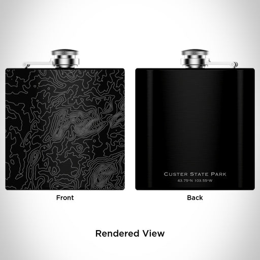 Rendered View of Custer State Park South Dakota Map Engraving on 6oz Stainless Steel Flask in Black