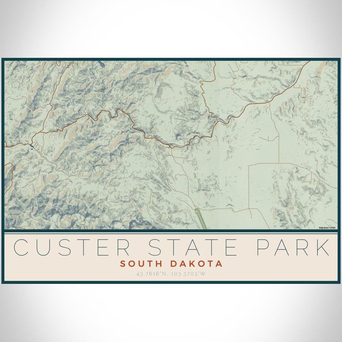 Custer State Park South Dakota Map Print Landscape Orientation in Woodblock Style With Shaded Background
