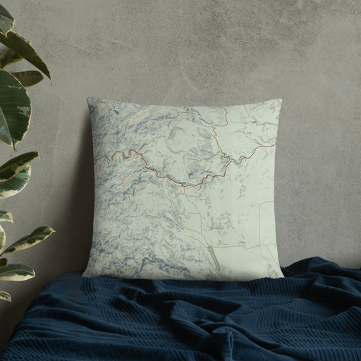 Custom Custer State Park South Dakota Map Throw Pillow in Woodblock on Bedding Against Wall