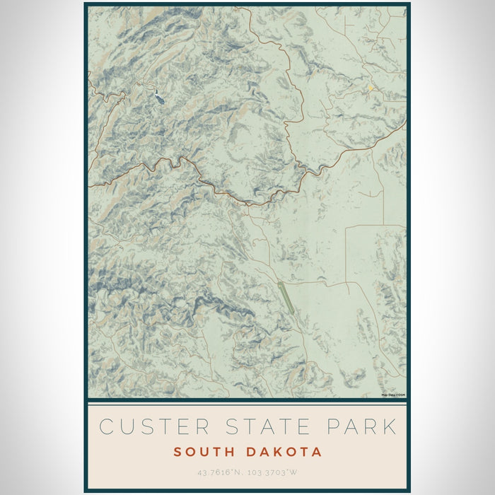 Custer State Park South Dakota Map Print Portrait Orientation in Woodblock Style With Shaded Background