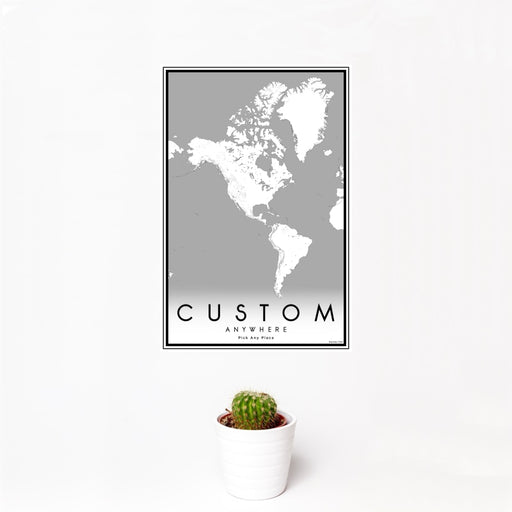 12x18 Custom Map Print Portrait Orientation in Classic Style With Small Cactus Plant in White Planter