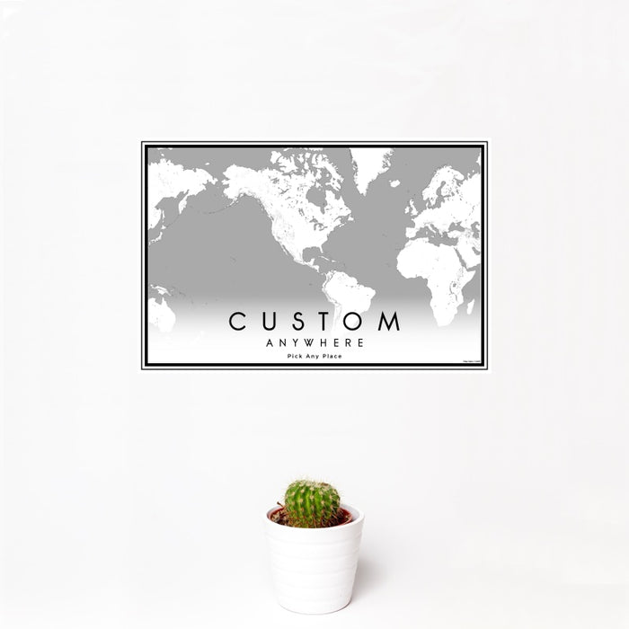 12x18 Custom Map Print Landscape Orientation in Classic Style With Small Cactus Plant in White Planter
