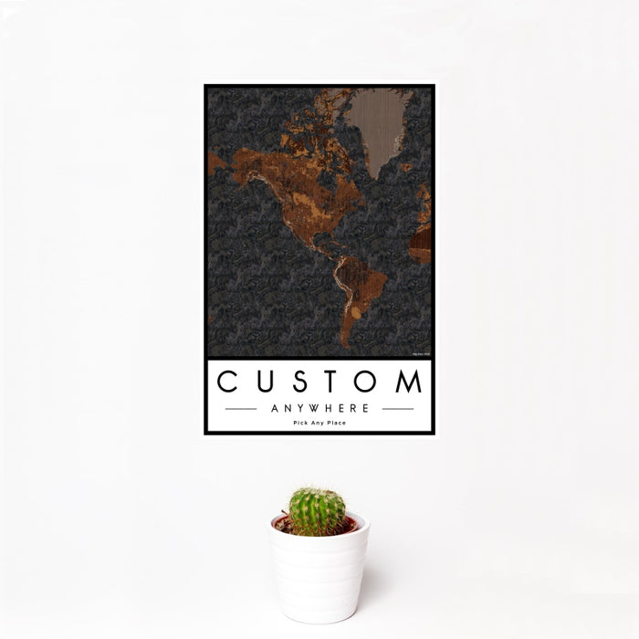 12x18 Custom Map Print Portrait Orientation in Ember Style With Small Cactus Plant in White Planter