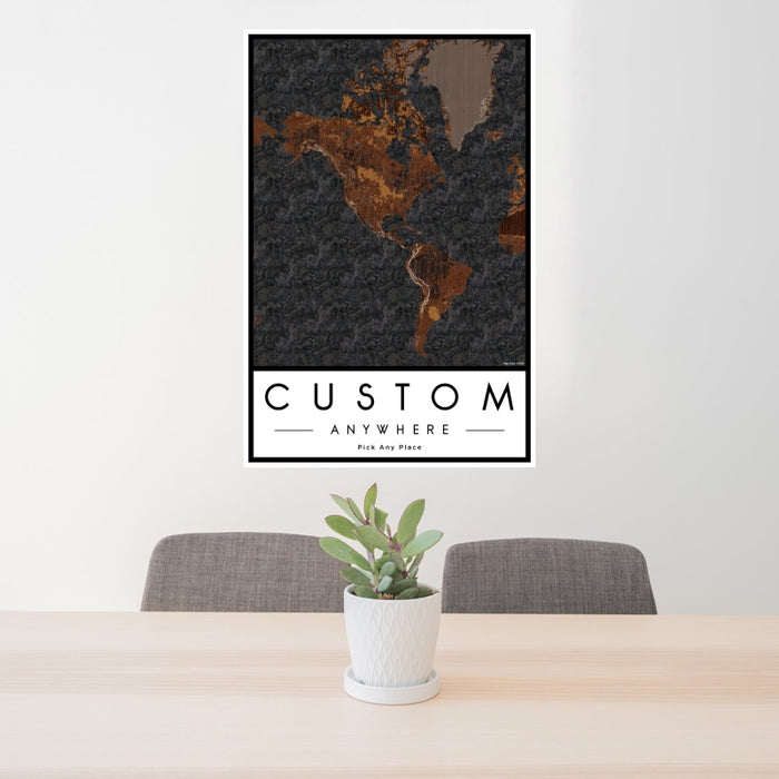 24x36 Custom Map Print Portrait Orientation in Ember Style Behind 2 Chairs Table and Potted Plant