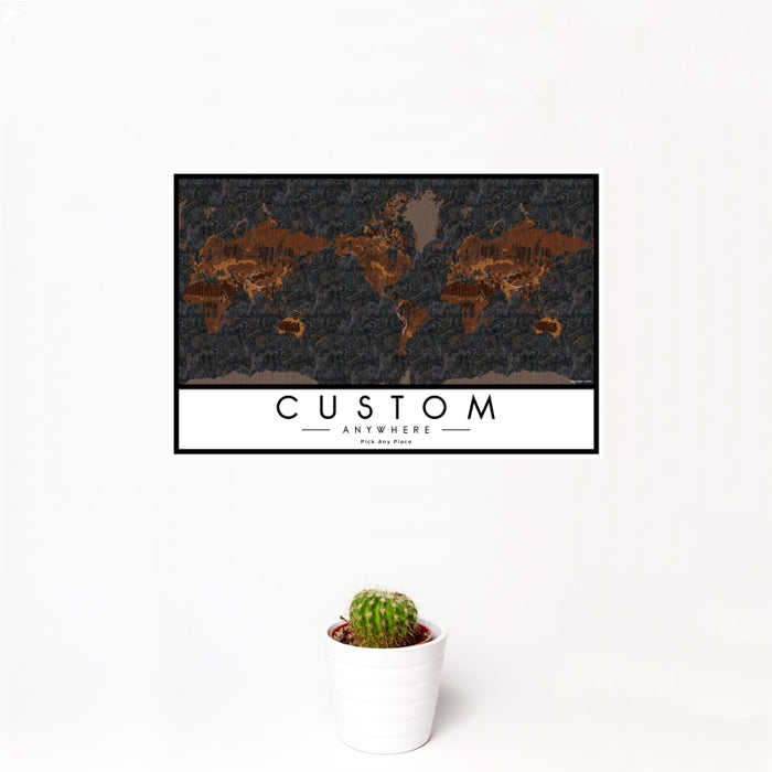 12x18 Custom Map Print Landscape Orientation in Ember Style With Small Cactus Plant in White Planter
