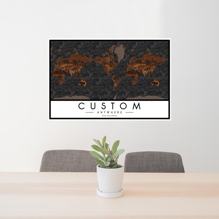 24x36 Custom Map Print Landscape Orientation in Ember Style Behind 2 Chairs Table and Potted Plant