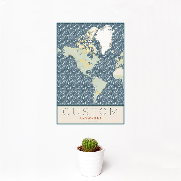 12x18 Custom Map Print Portrait Orientation in Woodblock Style With Small Cactus Plant in White Planter