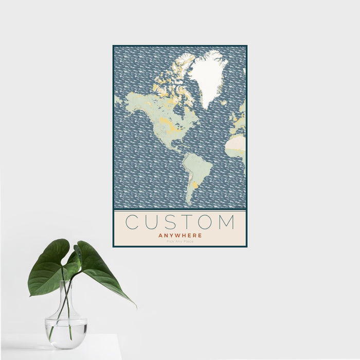 16x24 Custom Map Print Portrait Orientation in Woodblock Style With Tropical Plant Leaves in Water