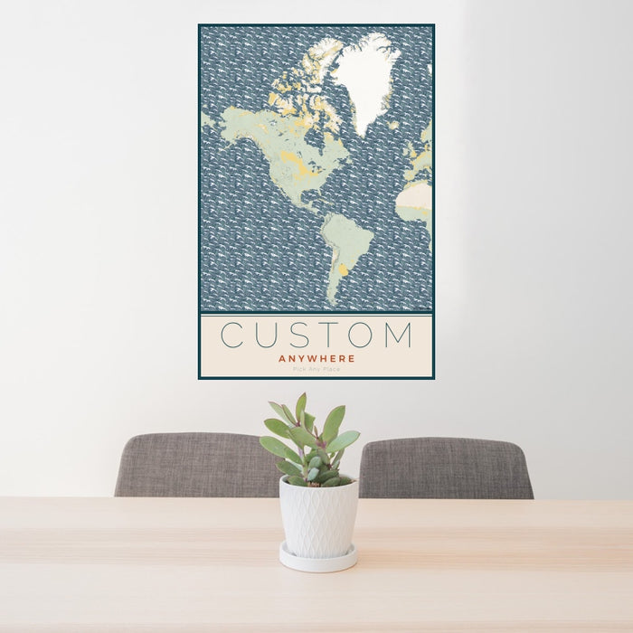 24x36 Custom Map Print Portrait Orientation in Woodblock Style Behind 2 Chairs Table and Potted Plant