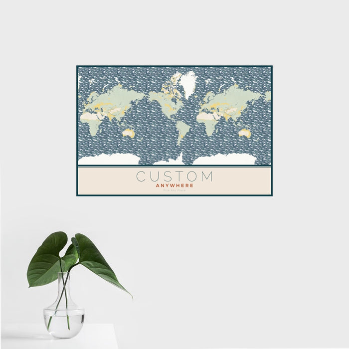 16x24 Custom Map Print Landscape Orientation in Woodblock Style With Tropical Plant Leaves in Water