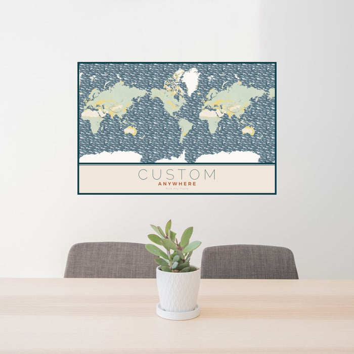 24x36 Custom Map Print Landscape Orientation in Woodblock Style Behind 2 Chairs Table and Potted Plant