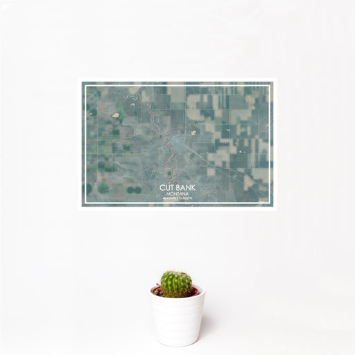 12x18 Cut Bank Montana Map Print Landscape Orientation in Afternoon Style With Small Cactus Plant in White Planter