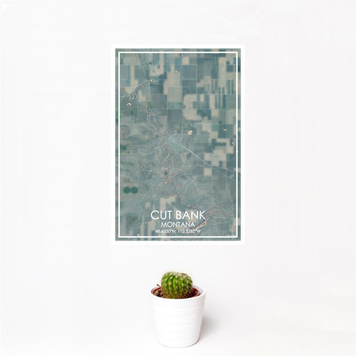 12x18 Cut Bank Montana Map Print Portrait Orientation in Afternoon Style With Small Cactus Plant in White Planter