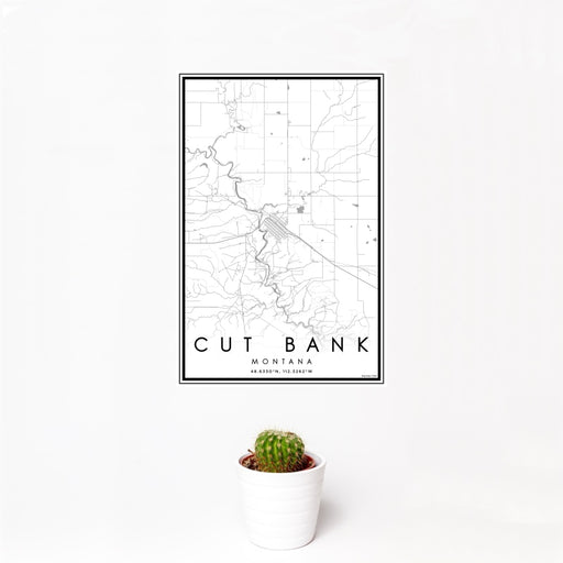 12x18 Cut Bank Montana Map Print Portrait Orientation in Classic Style With Small Cactus Plant in White Planter