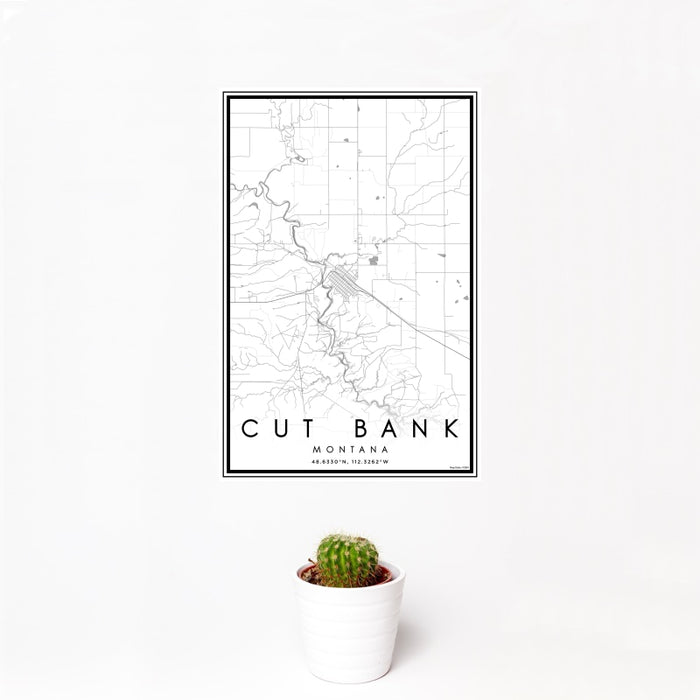 12x18 Cut Bank Montana Map Print Portrait Orientation in Classic Style With Small Cactus Plant in White Planter