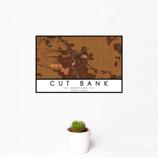 12x18 Cut Bank Montana Map Print Landscape Orientation in Ember Style With Small Cactus Plant in White Planter