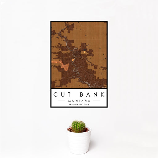 12x18 Cut Bank Montana Map Print Portrait Orientation in Ember Style With Small Cactus Plant in White Planter