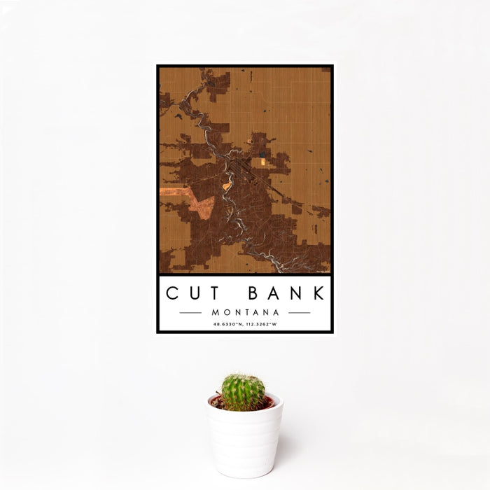 12x18 Cut Bank Montana Map Print Portrait Orientation in Ember Style With Small Cactus Plant in White Planter