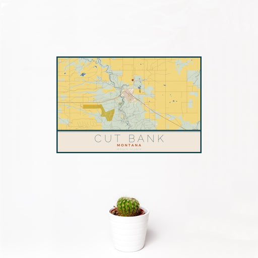 12x18 Cut Bank Montana Map Print Landscape Orientation in Woodblock Style With Small Cactus Plant in White Planter