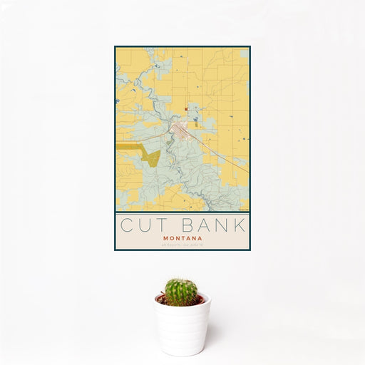 12x18 Cut Bank Montana Map Print Portrait Orientation in Woodblock Style With Small Cactus Plant in White Planter