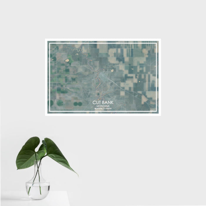 16x24 Cut Bank Montana Map Print Landscape Orientation in Afternoon Style With Tropical Plant Leaves in Water